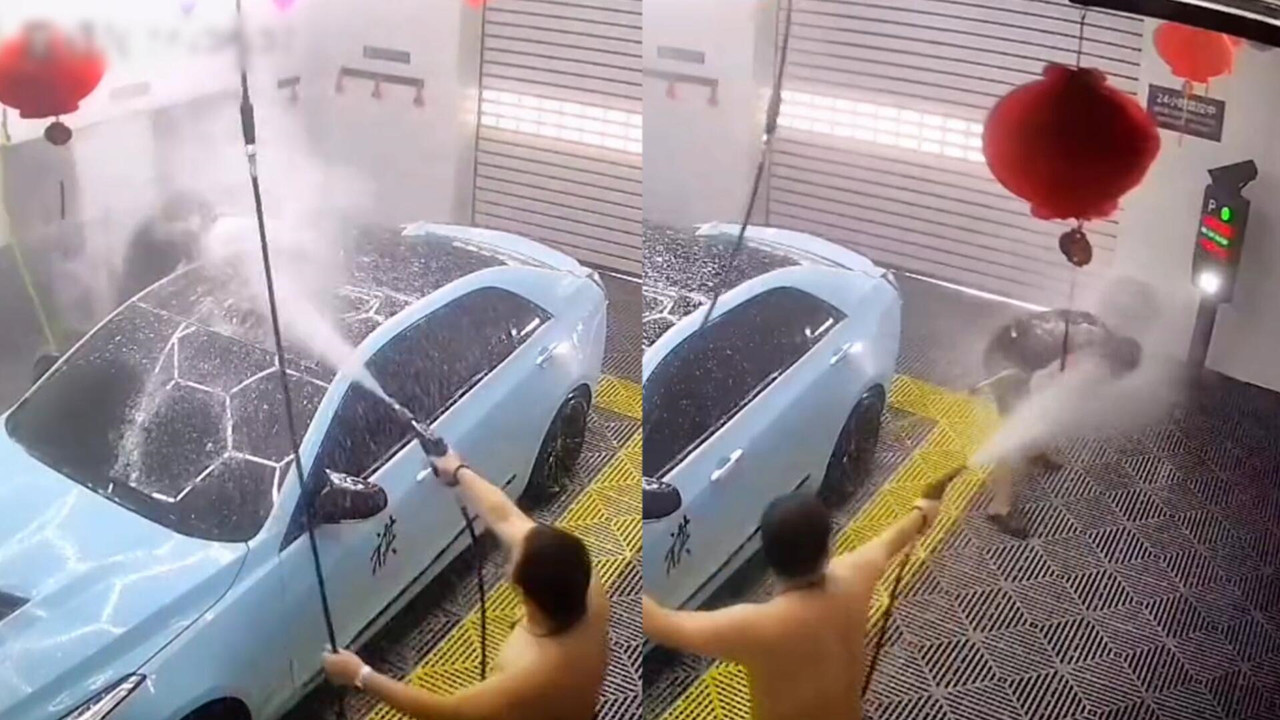 水枪大战洗车场，两男子“互呲”结局反转逗乐全网